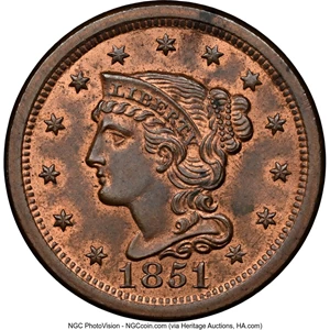 image for: 1851/81 1C N-3, R.1, MS64 Red and Brown NGC. NGC Census: (4/5). Mintage 9,889,707....