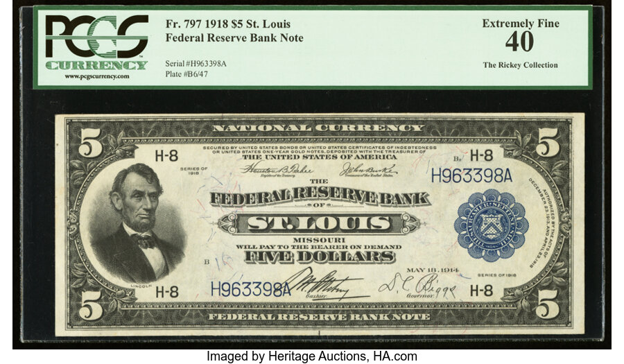 image for: Fr. 797 $5 1918 Federal Reserve Bank Note PCGS Extremely Fine 40....