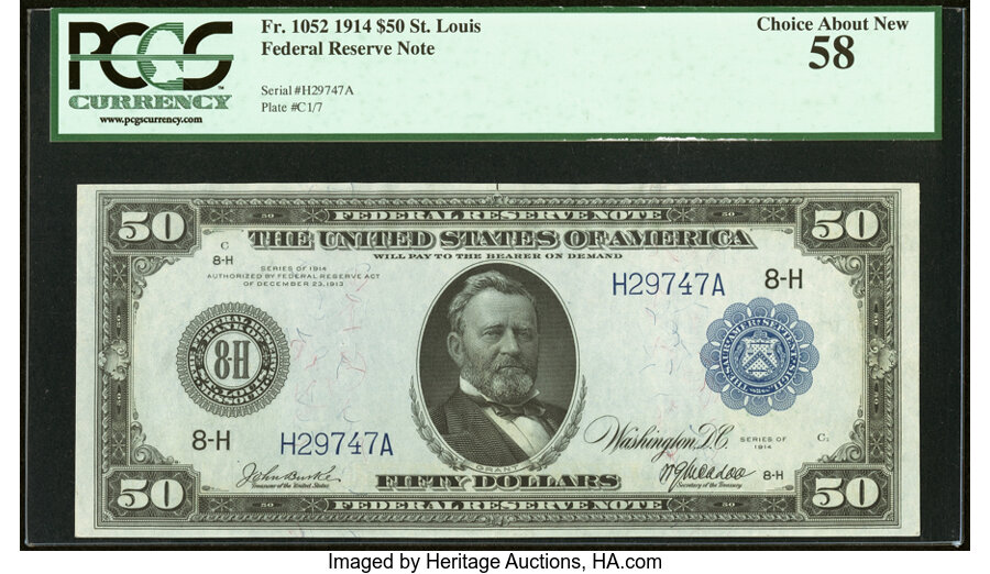 image for: Fr. 1052 $50 1914 Federal Reserve Note PCGS Choice About New 58....