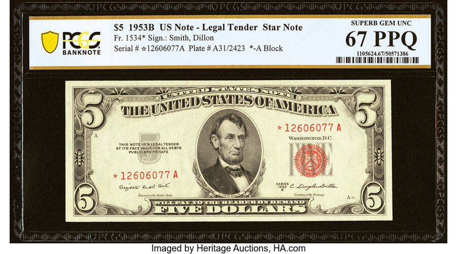 image for: Fr. 1534* $5 1953B Legal Tender Note. PCGS Banknote Superb Gem Unc 67 PPQ....