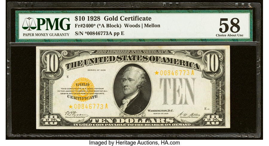 image for: Fr. 2400* $10 1928 Gold Certificate Star. PMG Choice About Unc 58....