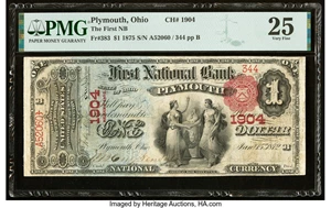 image for: Plymouth, OH - $1 1875 Fr. 383 The First National Bank Ch. # 1904 PMG Very Fine 25....