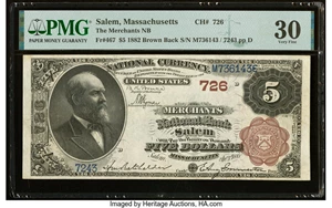 image for: Salem, MA - $5 1882 Brown Back Fr. 467 The Merchants National Bank Ch. # 726 PMG Very Fine 30....