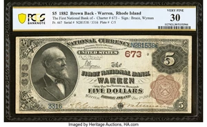 image for: Warren, RI - $5 1882 Brown Back Fr. 467 The First National Bank Ch. # 673 PCGS Banknote Very Fine 30....