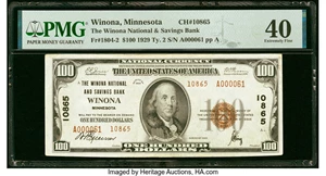image for: Winona, MN - $100 1929 Ty. 2 The Winona National & Savings Bank Ch. # 10865 PMG Extremely Fine 40....