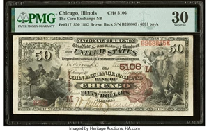 image for: Chicago, IL - $50 1882 Brown Back Fr. 517 The Corn Exchange National Bank Ch. # (M)5106 PMG Very Fine 30....