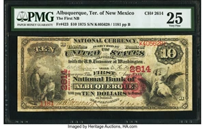 image for: Albuquerque, New Mexico Territory - $10 1875 Fr. 423 The First National Bank Ch. # 2614 PMG Very Fine 25....