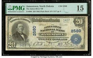 image for: Jamestown, ND - $20 1902 Plain Back Fr. 660 The James River National Bank Ch. # 2580 PMG Choice Fine 15....