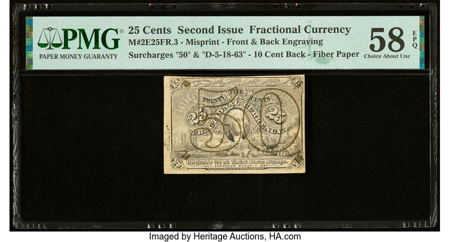 image for: Triple Denomination Milton 2E25FR.3 Experimental 10¢ Back / 25¢ Front / 50¢ Overprint Second Issue PMG Choice About Unc 58 EPQ...