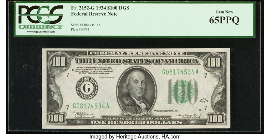 image for: Fr. 2152-G $100 1934 Federal Reserve Note. PCGS Gem New 65PPQ....