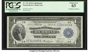 image for: Fr. 722 $1 1918 Federal Reserve Bank Note PCGS Choice New 63....