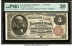 image for: Los Angeles, CA - $5 1882 Brown Back Fr. 471 The National Bank of California at Los Angeles Ch. # 4096 PMG Very Fine 30....