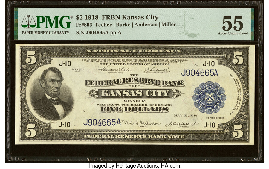 image for: Fr. 803 $5 1918 Federal Reserve Bank Note PMG About Uncirculated 55....