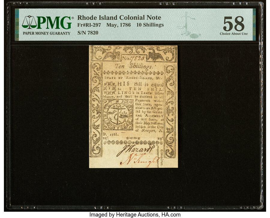 image for: Rhode Island May 1786 10s PMG Choice About Unc 58....