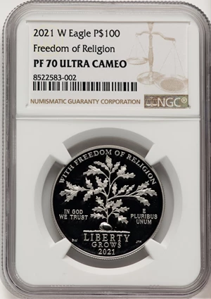 image for: 2021-W $100 One-Ounce Platinum Eagle, Freedom of Religion, PR70 Ultra Cameo NGC....