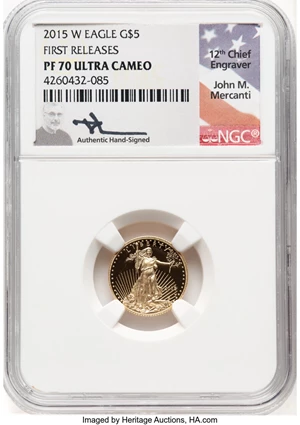 image for: 2015-W $5 Tenth-Ounce Gold Eagle, First Releases, PR70 Ultra Cameo NGC. Hand-signed, John M. Mercanti. NGC Census: (3214). ...
