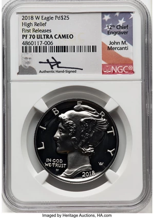 image for: 2018-W $25 Palladium Eagle, High Relief, First Releases, PR70 Ultra Cameo NGC. Hand-signed, John M. Mercanti. NGC Census: (...