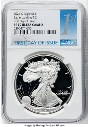 image for: 2021-S $1 Silver Eagle, Landing Type Two, First Day of Issue, PR70 Ultra Cameo NGC. NGC Census: (9169). PCGS Population: (9...