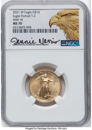 image for: 2021-W $10 Quarter Ounce Gold Eagle, Eagle Portrait Type Two, With W, MS70 NGC. Hand-signed, Jennie Norris....