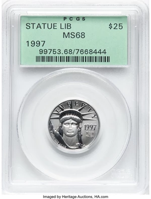 image for: 1997 $25 Quarter-Ounce Platinum Eagle, Statue of Liberty MS68 PCGS. This piece is housed in a PCGS green label holder....