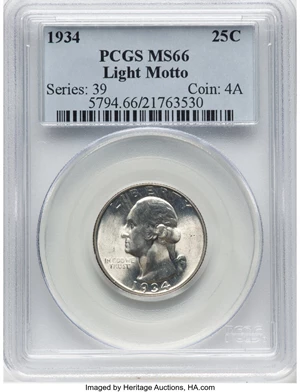 image for: 1934 25C Light Motto, FS-401, MS66 PCGS. Mintage 31,912,052....