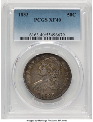 image for: 1833 50C O-106, R.2, XF40 PCGS. Mintage 5,206,000....