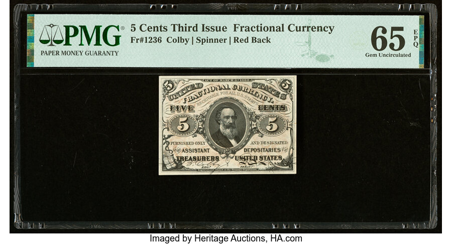image for: Fr. 1236 5¢ Third Issue PMG Gem Uncirculated 65 EPQ....