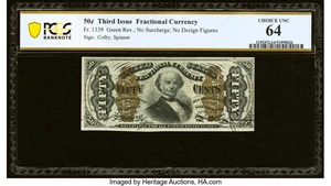 image for: Fr. 1339 50¢ Third Issue Spinner Type II PCGS Banknote Choice Unc 64....