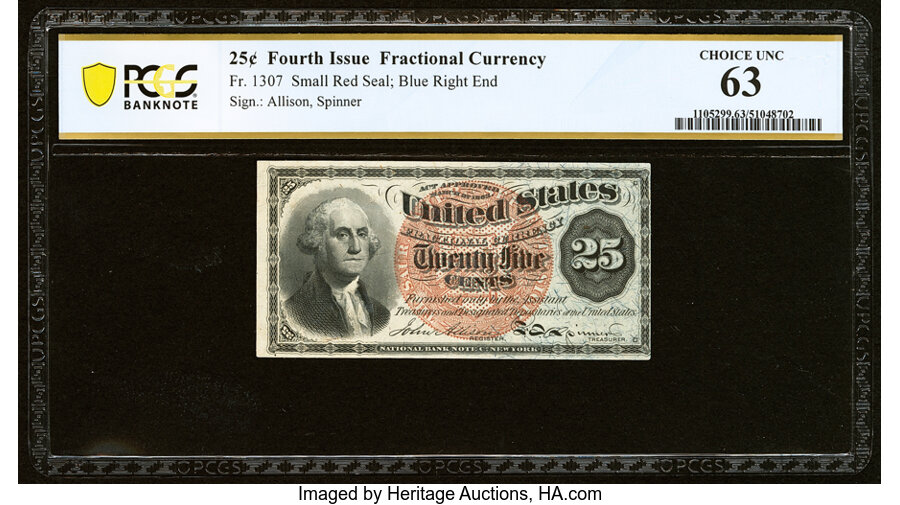 image for: Fr. 1307 25¢ Fourth Issue PCGS Banknote Choice Unc 63....