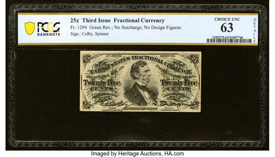 image for: Fr. 1295 25¢ Third Issue PCGS Banknote Choice Unc 63 Details....