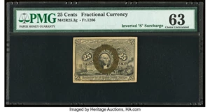 image for: Inverted "S" Surcharge Error Fr. 1286 Milton 2R25.3g 25¢ Second Issue PMG Choice Uncirculated 63....