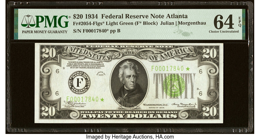 image for: Fr. 2054-F* $20 1934 Light Green Seal Federal Reserve Star Note. PMG Choice Uncirculated 64 EPQ....