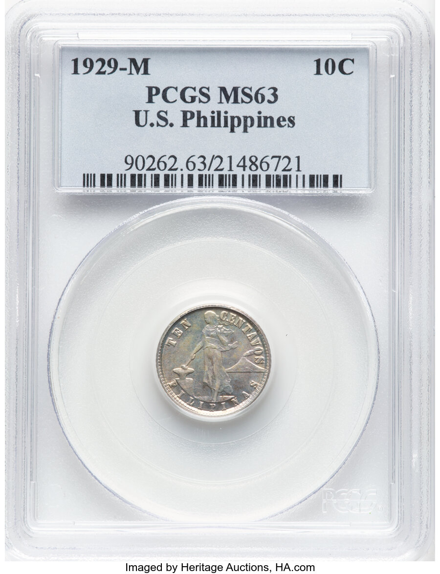image for: 1929-M 10C Philippines 10 Centavos MS63 PCGS. PCGS Population: (17/28)....