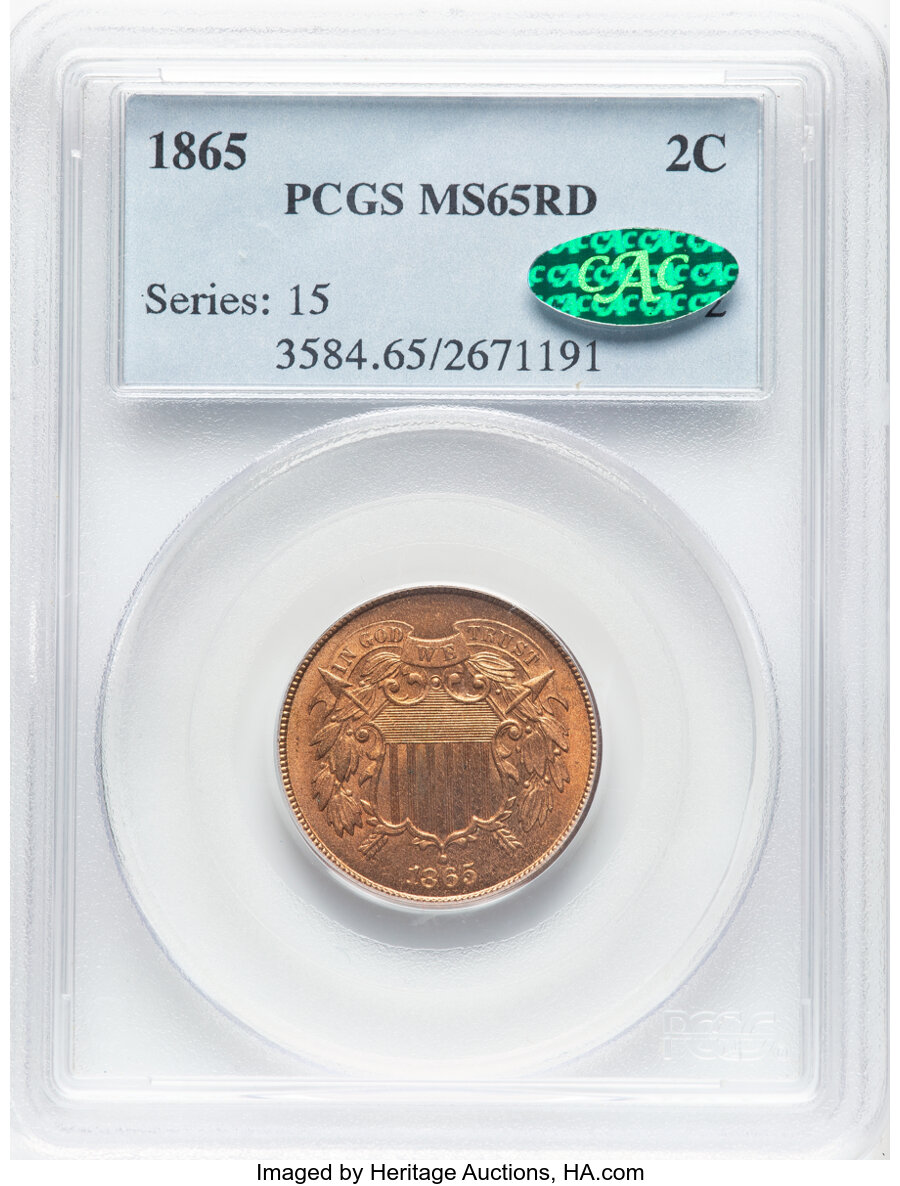 image for: 1865 2C Plain 5 MS65 Red PCGS. CAC. CAC Population: (33/11). Mintage 13,640,000....
