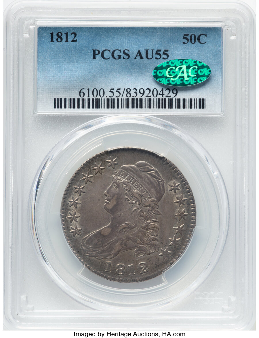 image for: 1812 50C Large 8, O-105a, R.1, AU55 PCGS. CAC. CAC Population: (30/66). Mintage 1,628,059....