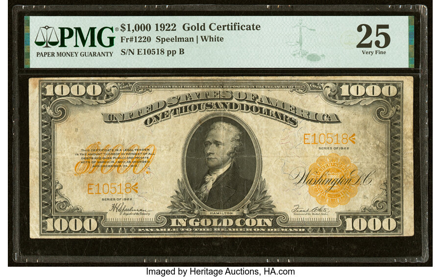 image for: Fr. 1220 $1,000 1922 Gold Certificate PMG Very Fine 25....
