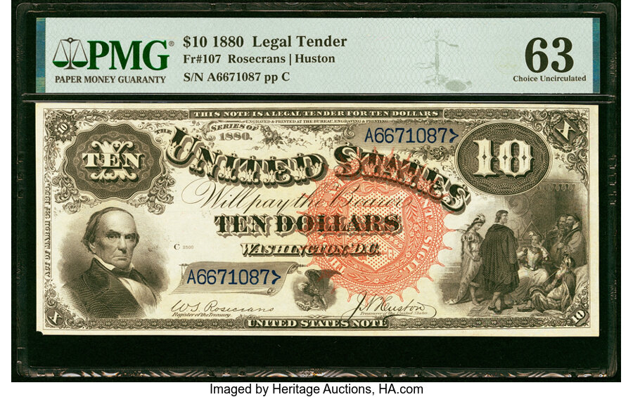 image for: Fr. 107 $10 1880 Legal Tender PMG Choice Uncirculated 63....