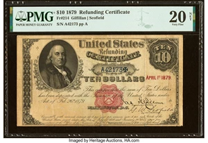 image for: Fr. 214 $10 1879 Refunding Certificate PMG Very Fine 20 Net....