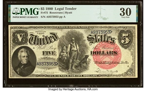 image for: Fr. 75 $5 1880 Legal Tender PMG Very Fine 30....
