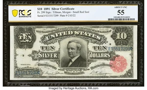 image for: Fr. 299 $10 1891 Silver Certificate PCGS Banknote About Unc 55....