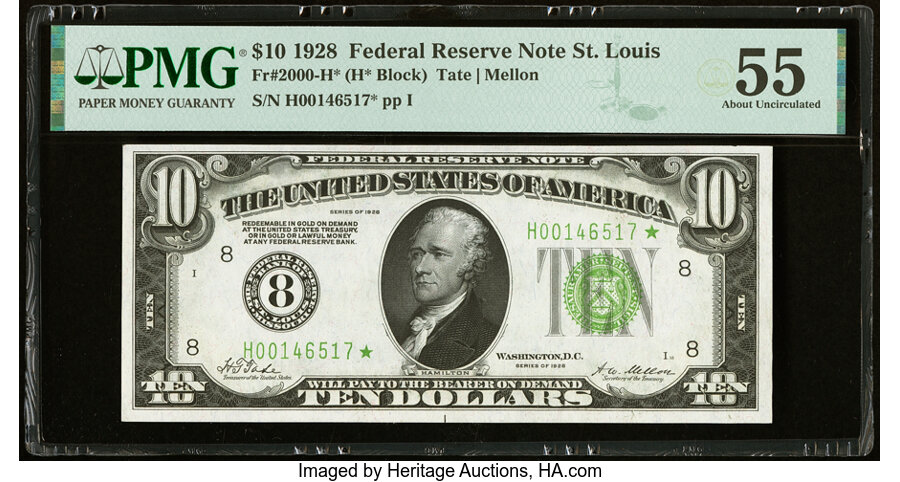 image for: Fr. 2000-H* $10 1928 Federal Reserve Star Note. PMG About Uncirculated 55....