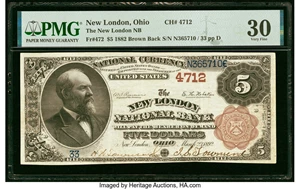 image for: New London, OH - $5 1882 Brown Back Fr. 472 The New London National Bank Ch. # 4712 PMG Very Fine 30....