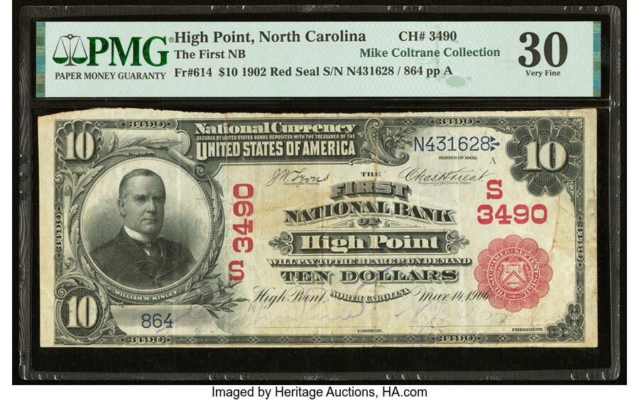 image for: High Point, NC - $10 1902 Red Seal Fr. 614 The First National Bank Ch. # (S)3490 PMG Very Fine 30....