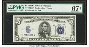 image for: Fr. 1652 $5 1934B Silver Certificate. PMG Superb Gem Unc 67 EPQ....