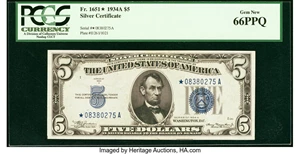 image for: Fr. 1651* $5 1934A Silver Certificate Star. PCGS Gem New 66PPQ....