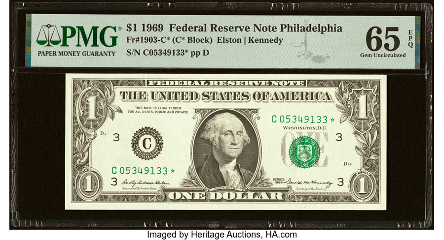 image for: Fr. 1903-C* $1 1969 Federal Reserve Star Note. PMG Gem Uncirculated 65 EPQ....