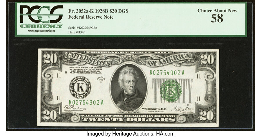 image for: Fr. 2052-K $20 1928B Federal Reserve Note. PCGS Choice About New 58....