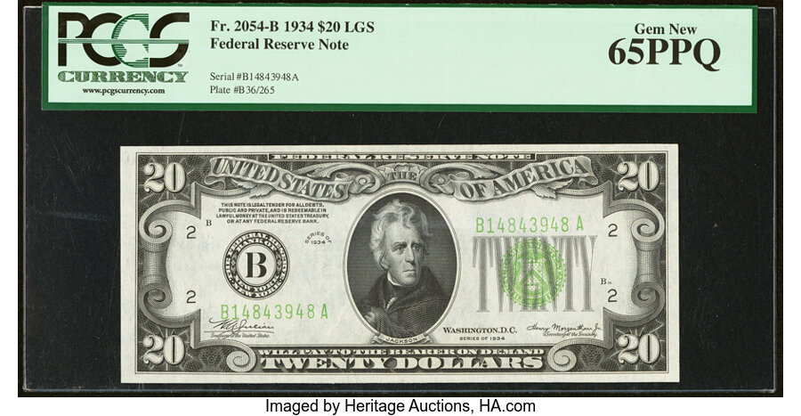 image for: Fr. 2054-B $20 1934 Light Green Seal Federal Reserve Note. PCGS Gem New 65PPQ....