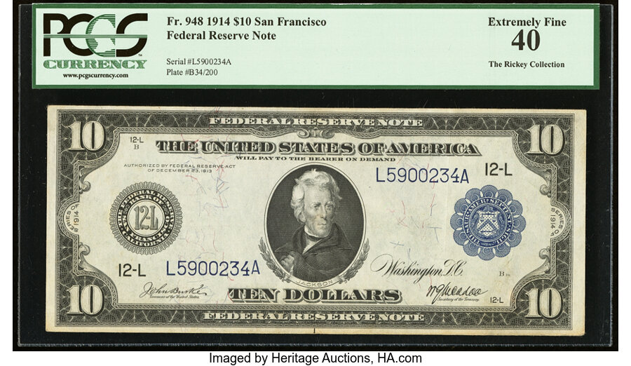 image for: Fr. 948 $10 1914 Federal Reserve Note PCGS Extremely Fine 40....
