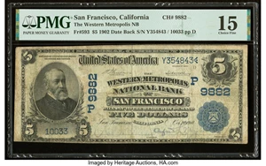 image for: San Francisco, CA - $5 1902 Date Back Fr. 593 The Western Metropolis National Bank Ch. # (P)9882 PMG Choice Fine 15....